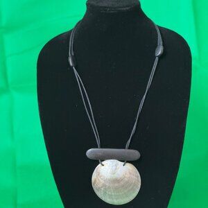 Black Cord Necklace With Abalone Shell Pendant & Wooden Accent For Women